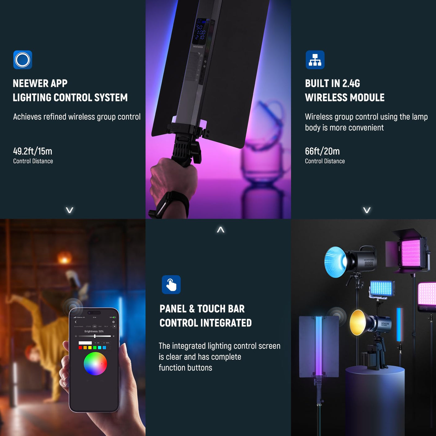 NEEWER RGB LED Video Light Stick, Touch Bar & APP Control, Magnetic Handheld Photography Lighting Wand, Dimmable 3200K~5600K CRI98+ Full Color LED Light with 6400mAh Battery, 17 Scenes, RGB1