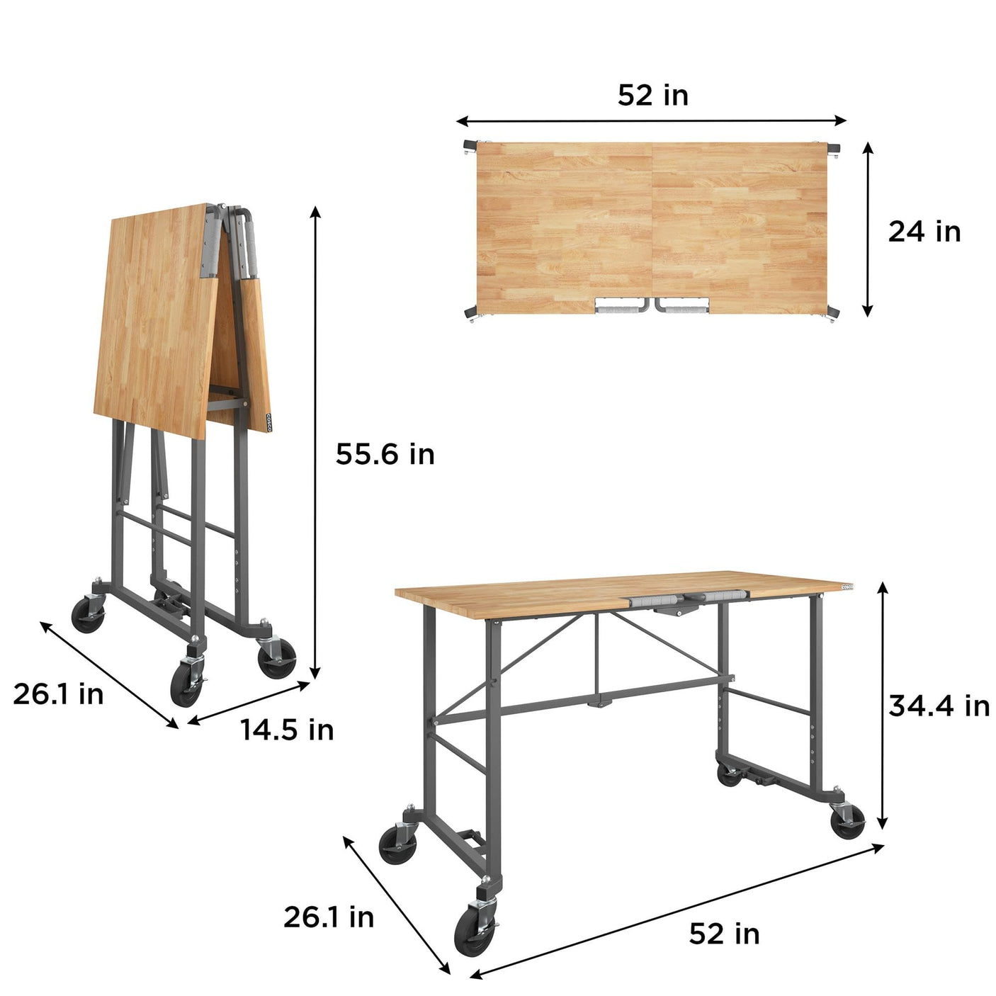 COSCO SmartFold Butcher Block Portable Workbench / Folding Utility Table (Hardwood Top, 700LB Total Weight Capacity, Locking Casters, Gray Steel Frame, 1 Pack)