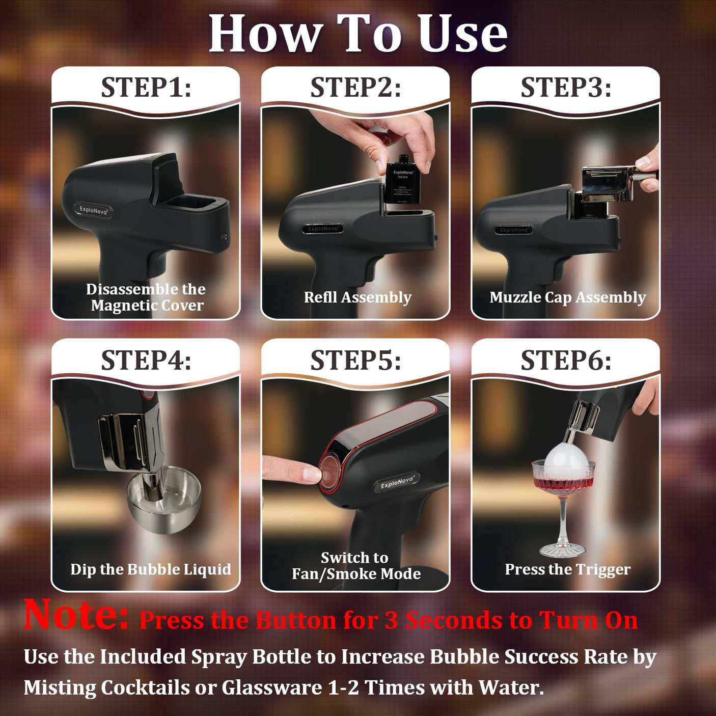 Cocktail Bubble Smoke Gun with 5 Flavour Aroma Pods and Edible Bubbles, Electric Bubble Smoke Machine, Food Drink Decor Perfect for Bar, Party and Home, Gift for Engagement & Birthday