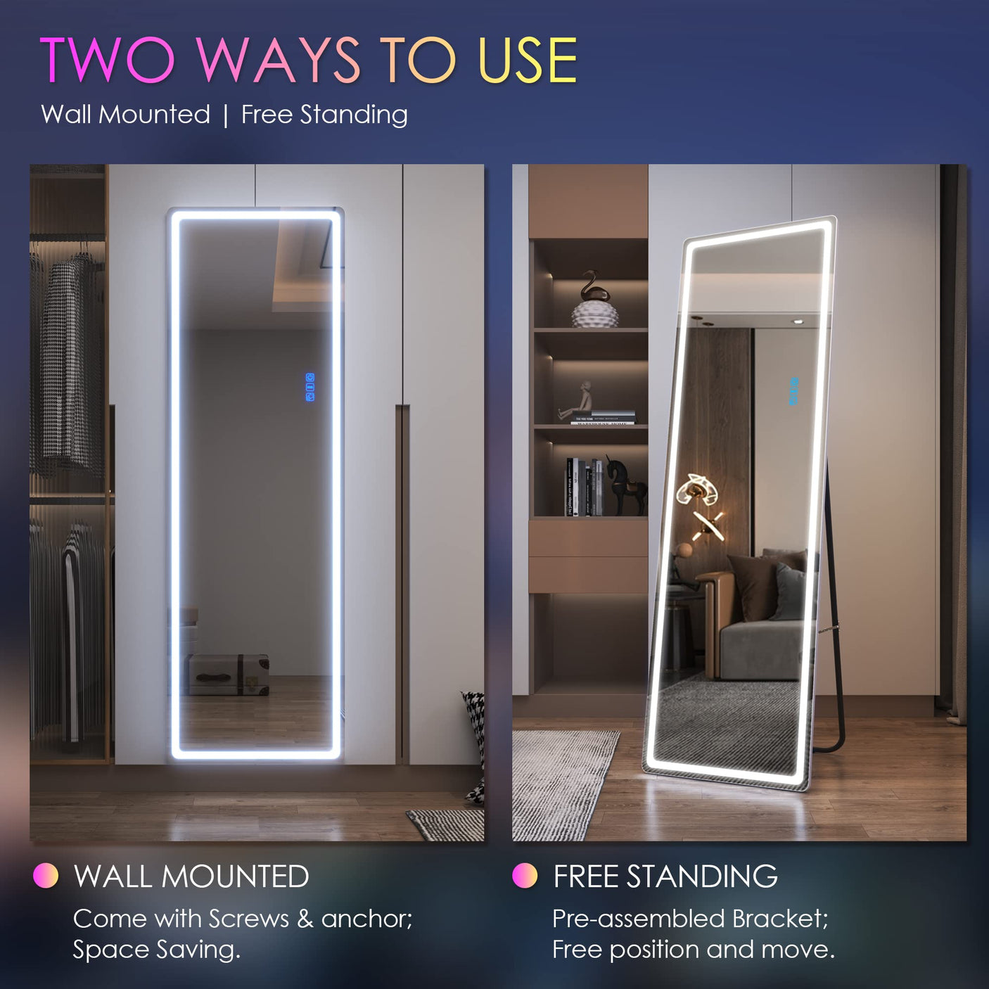 LVSOMT LED RGB Full Length Mirror, Full Body Mirror with Lights, Wall Mounted Lighted Mirror, Over The Door Hanging Mirror, 14 LED Light + Dimmable Brightness + Adjustable Speed, 47" x 16"