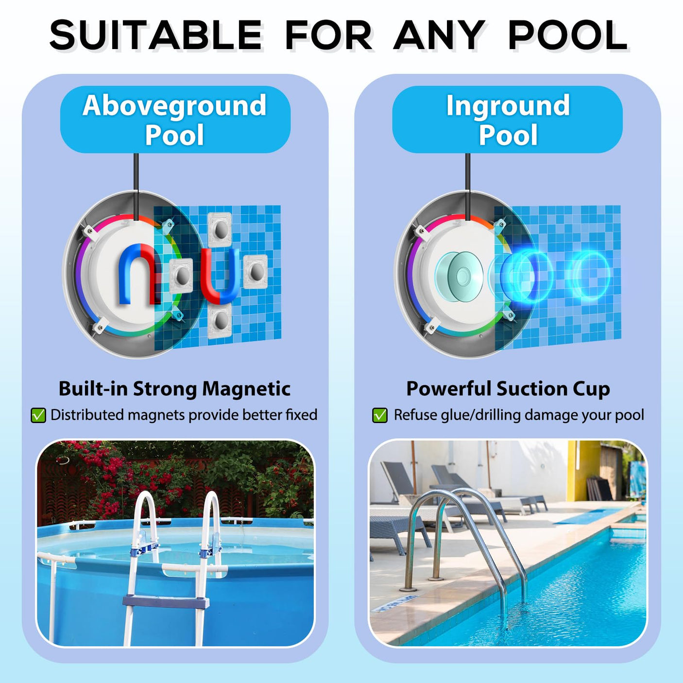 Above Ground Pool Lights with APP Control 20W RGB Dimmable LED Pool Lights with Suction Cups and Built-in Magnets 12V Underwater Pool Light for Above ground Inground Pools IP68 Waterproof 28FT Cord B