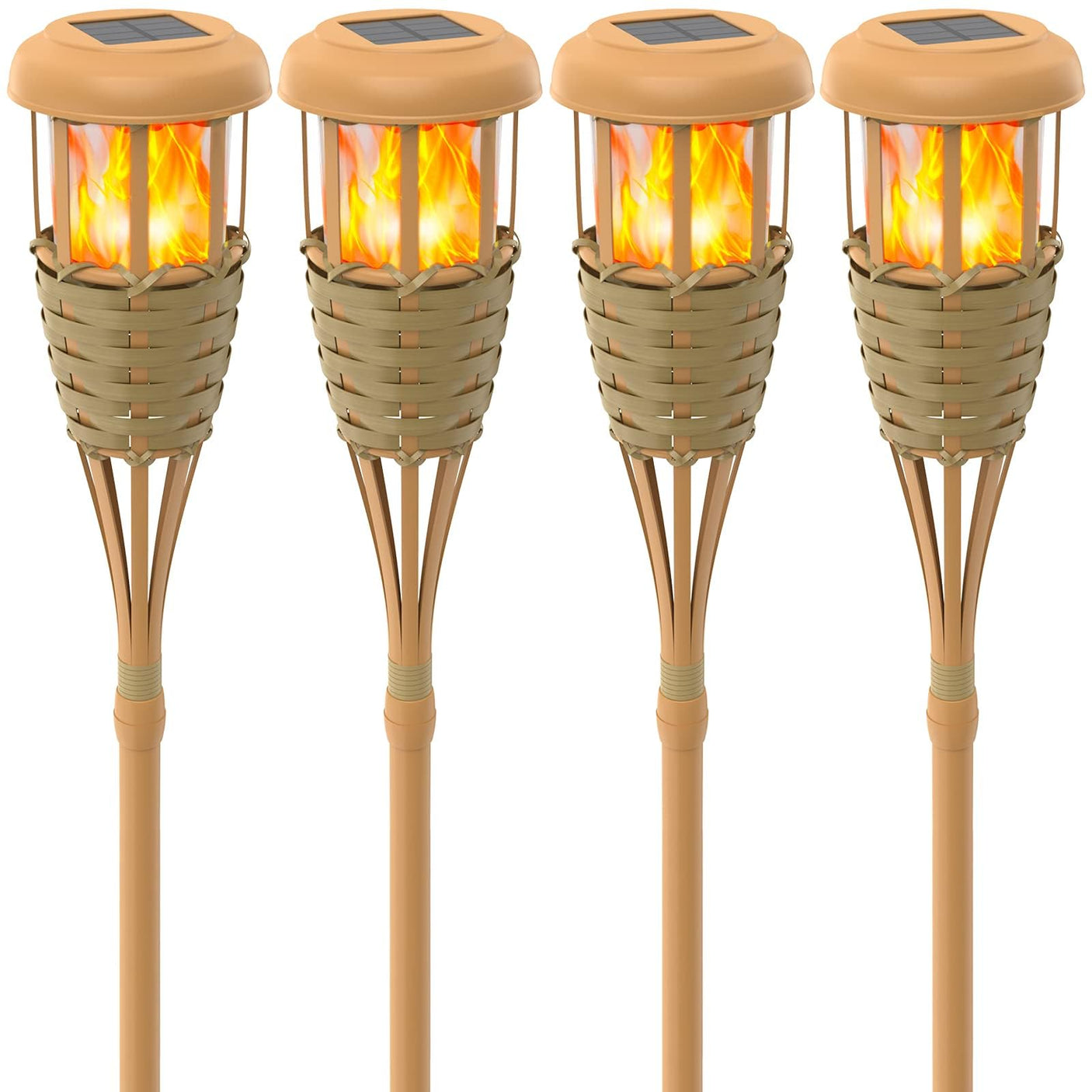 Flickering Flames Solar Powered Lights - Upgraded Solar Torches Waterproof Outdoor Decorative Lighting Auto On/Off, Handmade Bamboo Finish, 2-Pack