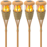 Flickering Flames Solar Powered Lights - Upgraded Solar Torches Waterproof Outdoor Decorative Lighting Auto On/Off, Handmade Bamboo Finish, 2-Pack