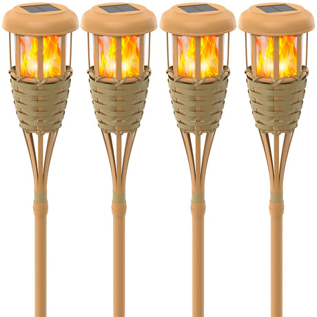 Flickering Flames Solar Powered Lights - Upgraded Solar Torches Waterproof Outdoor Decorative Lighting Auto On/Off, Handmade Bamboo Finish, 2-Pack