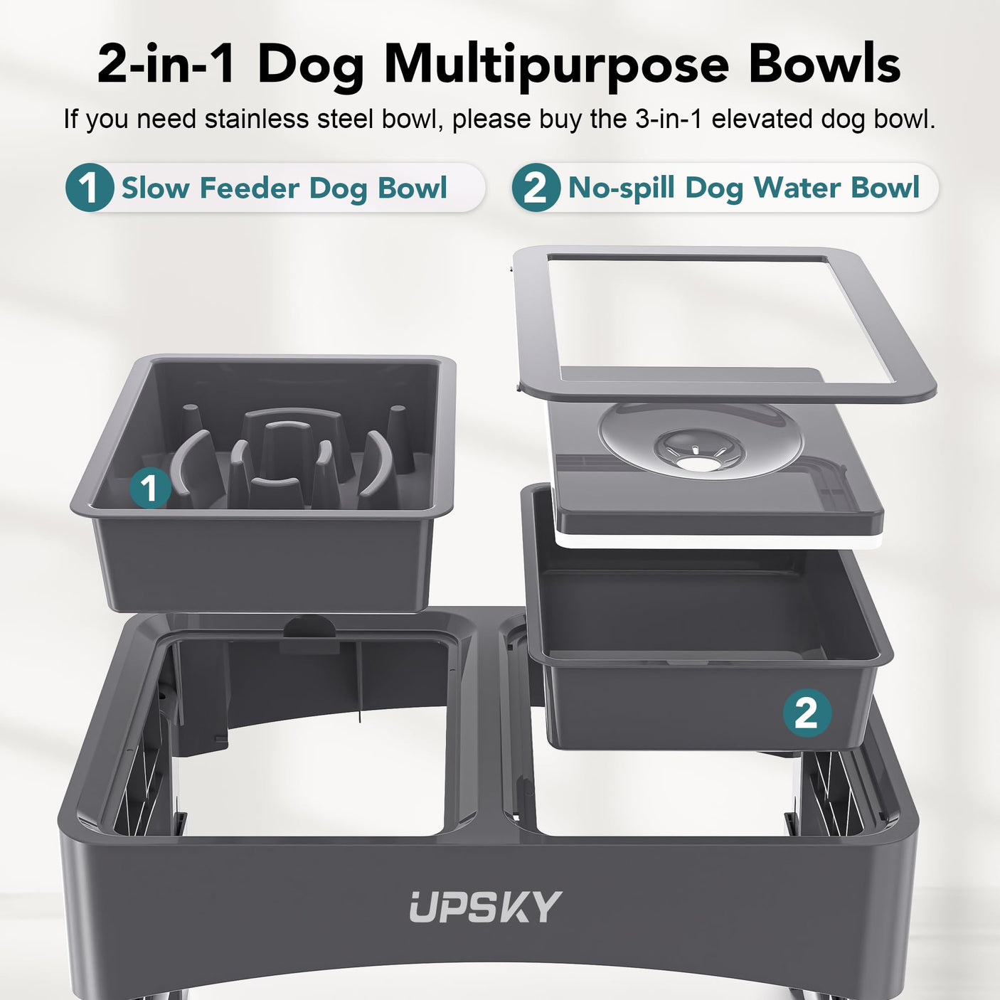 UPSKY 2-in-1 Elevated Dog Bowls Slow Feeder, 4 Height Adjustable Raised Bowls Stand, No Spill Dog Water Bowls, Anti-Slip Food and Water Bowl for Small Medium Dogs(Not Include Stainless Steel Bowl)