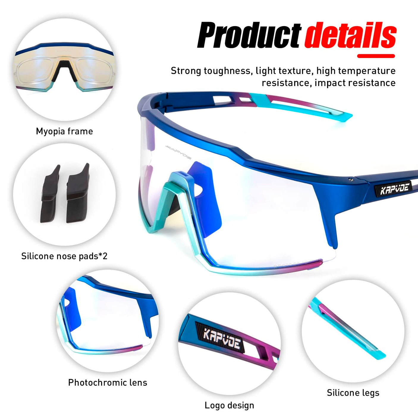KAPVOE Photochromic Cycling Glasses MTB Clear Mountain Bike Transition Bicycle Sunglasses for Men Women - K9022