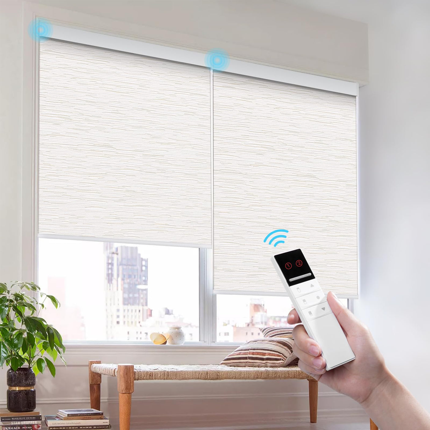 Motorized Smart Blind for Window with Remote Control, Automatic Blackout Roller Shade Customizable Size,with Valance Child Safety Rechargeable Battery Blinds (Full Blackout Black)