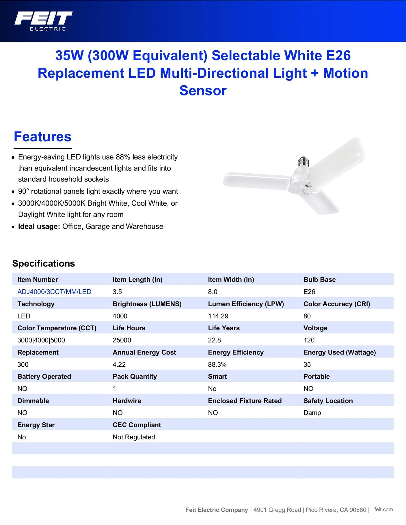 Feit Electric Smart LED Garage Light, RGBW 3 Panel, WiFi 2.4GHz, Screw-in LED Shop Light Bulb, Works with Alexa and Google Home Assistant, E26, 4000 Lumens, Garage Ceiling Light, ADJ4000/RGBW/LED/AG