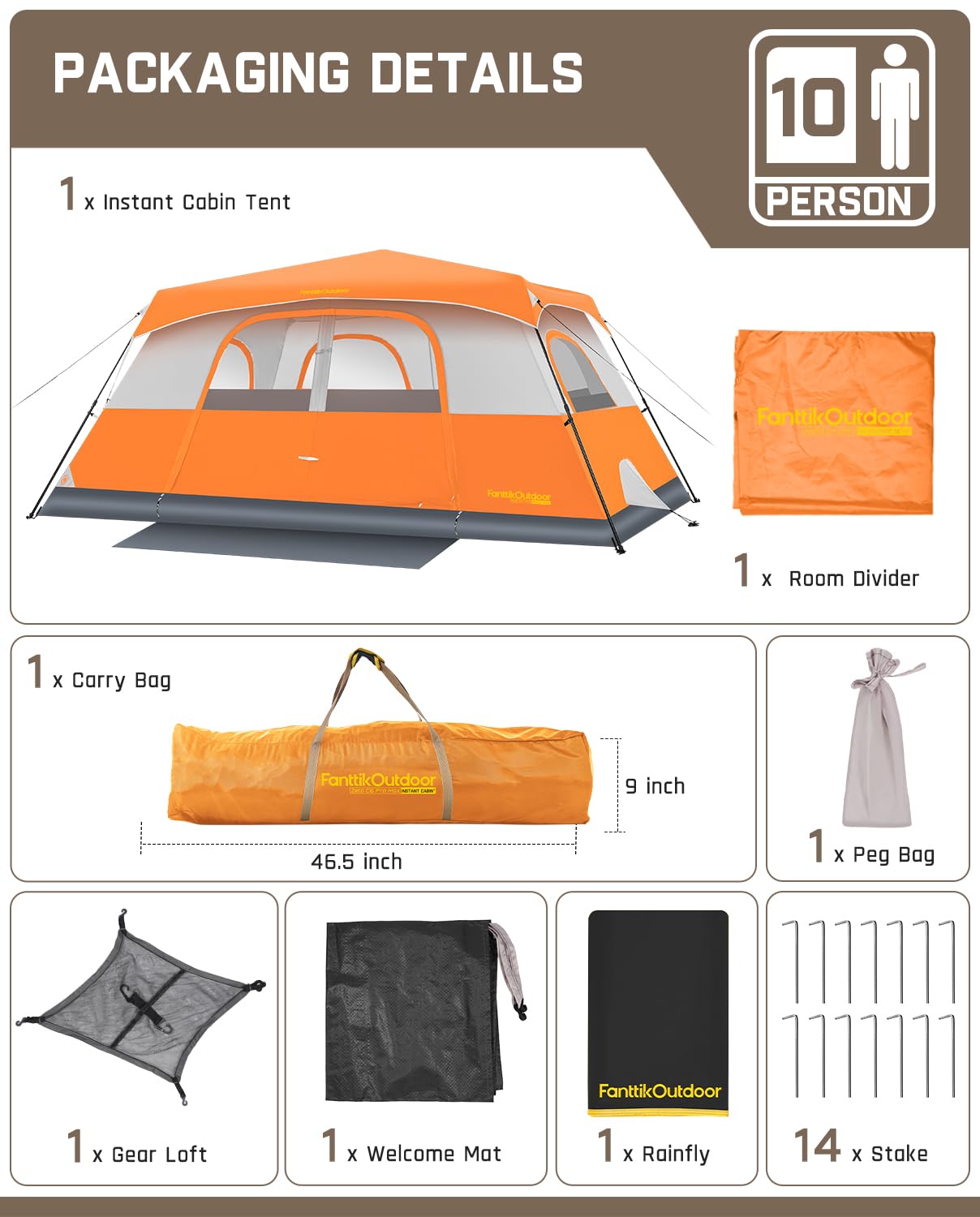 FanttikOutdoor Camping Tent 4/6/8/10 Person Instant Cabin Tent Setup in 60 Seconds with Rainfly & Windproof Portable with Carry Bag for Family Camping & Hiking