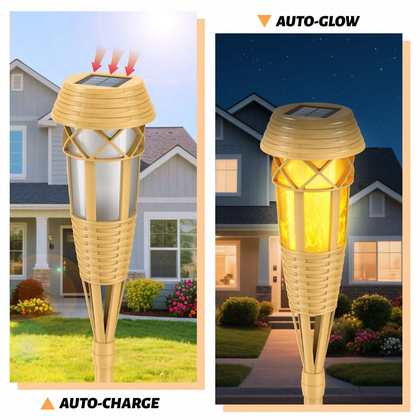 Flickering Flames Solar Powered Lights - Upgraded Solar Torches Waterproof Outdoor Decorative Lighting Auto On/Off, Handmade Bamboo Finish, 2-Pack
