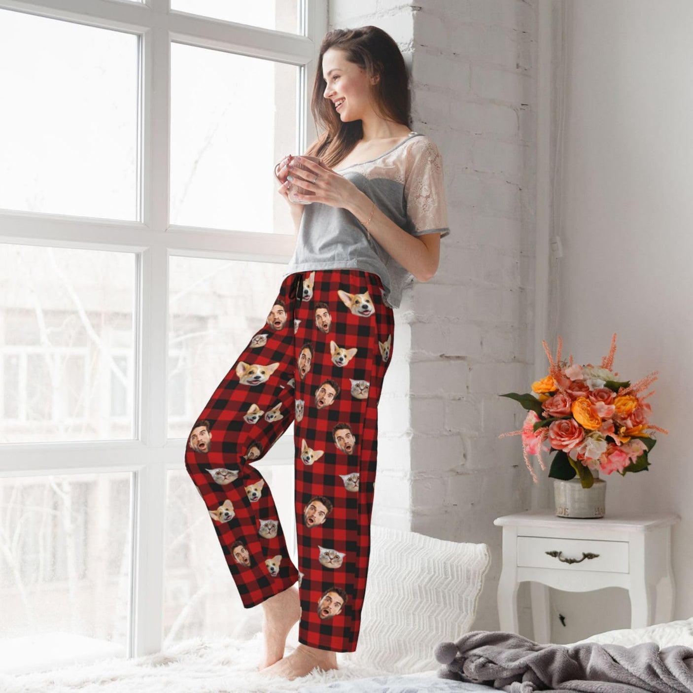 Custom Pajamas Pants Plaid Personalized Funny PJ Pant Design with Face Pajama for Men Women Dog Pet