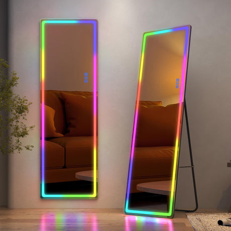 LVSOMT LED RGB Full Length Mirror, Full Body Mirror with Lights, Wall Mounted Lighted Mirror, Over The Door Hanging Mirror, 14 LED Light + Dimmable Brightness + Adjustable Speed, 47" x 16"