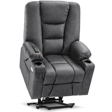MCombo Power Lift Recliner Chair for Elderly, Lift Chair with Heat and Massage, USB Ports, Cup Holders, Faux Leather 7519 (Medium, Dark Brown)