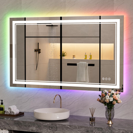 60x30 Inch LED Bathroom Mirror with Lights, Color Changing RGD Backlit and Front Light Mirror,Lighted Vanity Mirrors for Bathroom Wall, Dimmable, Anti-Fog,Shatterproof,Memory