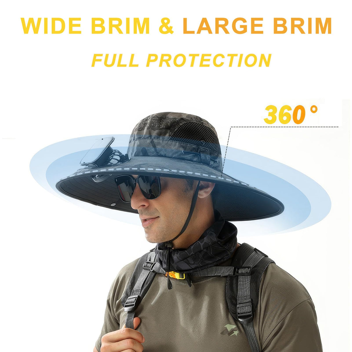 Wide Brim Solar Fan Outdoor Fishing Hat, Solar & USB Powered, Summer UV Protection Outdoor Fishing Hats UPF 50