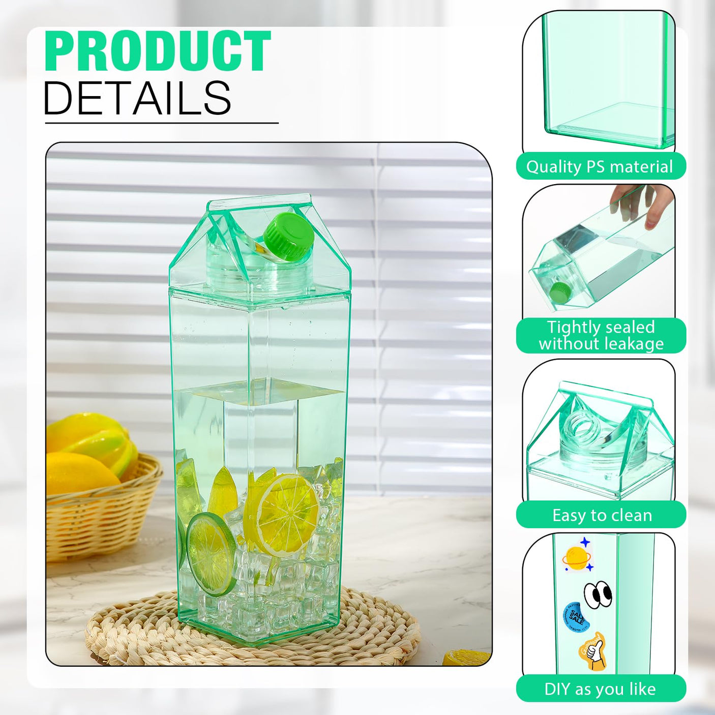 Remerry 3 Pcs Milk Carton Water Bottle Square Plastic Coffee Portable Reusable Milk Carton Cup Leakproof Juice Bottle