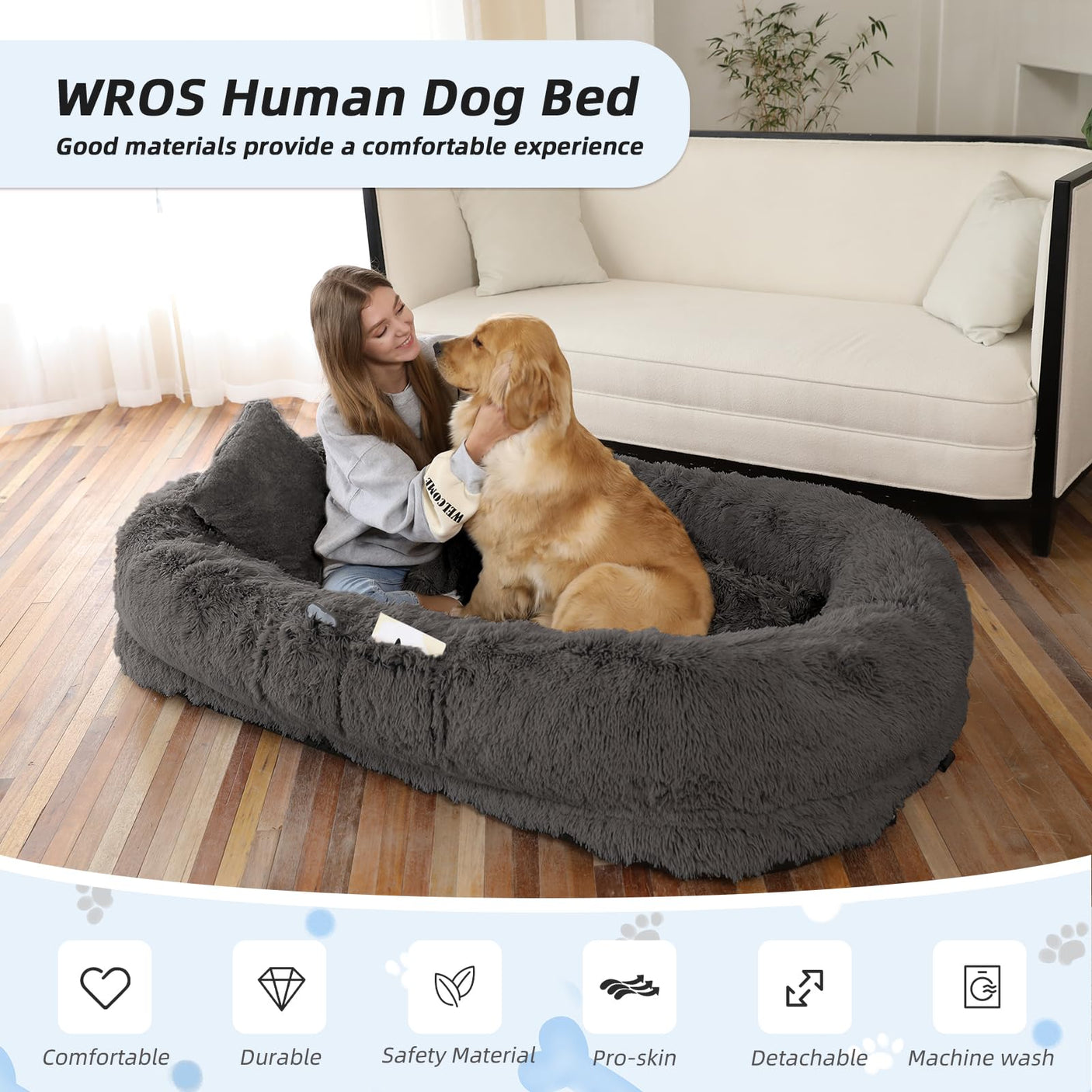 Human Dog Bed, Large Dog Beds for Humans Size Fits You and Pets, Washable Faux Fur Orthopedic Human Pet Bed for People Doze Off, Napping, Present Pillow, Blanket, Strap - Khaki