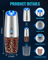 Gravity Electric Pepper and Salt Grinder Set, Salt and Pepper Mill & Adjustable Coarseness, Battery Powered with LED Light, One Hand Automatic Operation, Stainless Steel (Set/Silver)