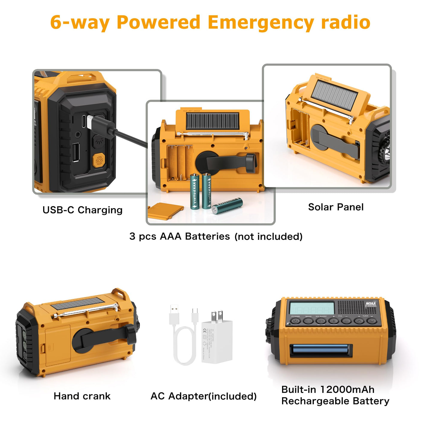 NOAA Weather Radio, Emergency Hand Crank Radio with Solar Charger, Portable Battery Operated AM FM Shortwave Radio with LED Flashlight, USB Charger, Earbud Jack, SOS Alert for Home Survival Hurricane