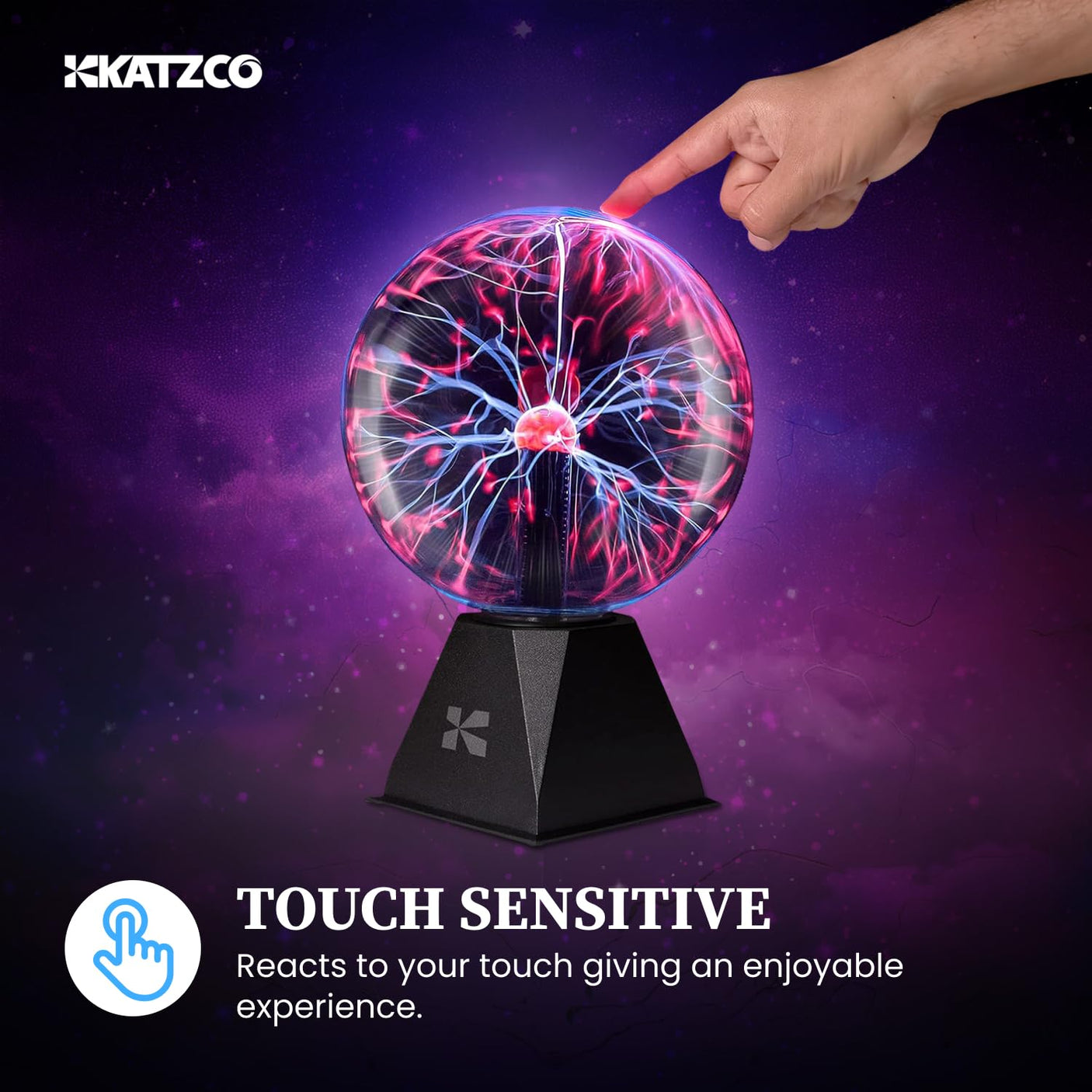 Katzco 7 Inch Plasma Ball Lamp - Touch and Sound Sensitive Electric Globe with Lightning Effects - Plug-in Energy Ball for Parties, Room Decor, and STEM Learning - Static Electricity Sphere for Kids