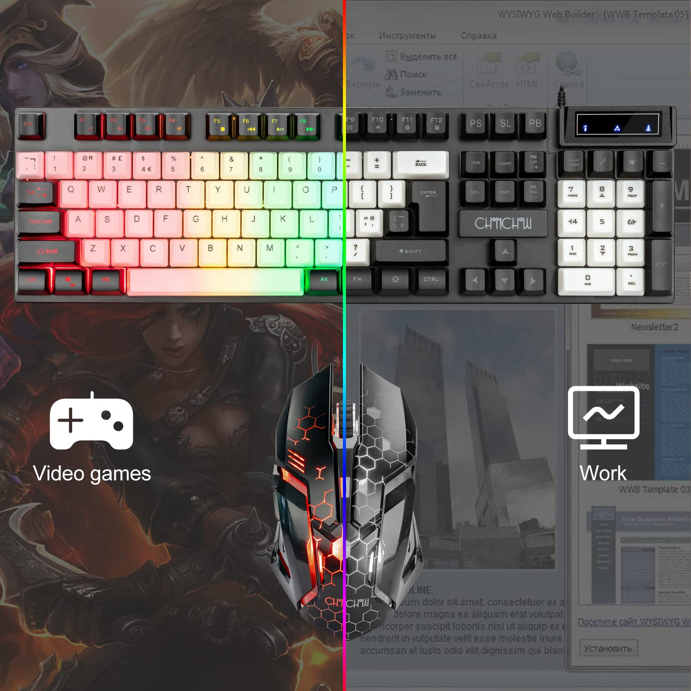 CHONCHOW LED Keyboard and Mouse, 104 Keys Rainbow Backlit Keyboard and 7 Color RGB Mouse, White Gaming Keyboard and Mouse Combo for PC Laptop Xbox PS4 Gamers and Work