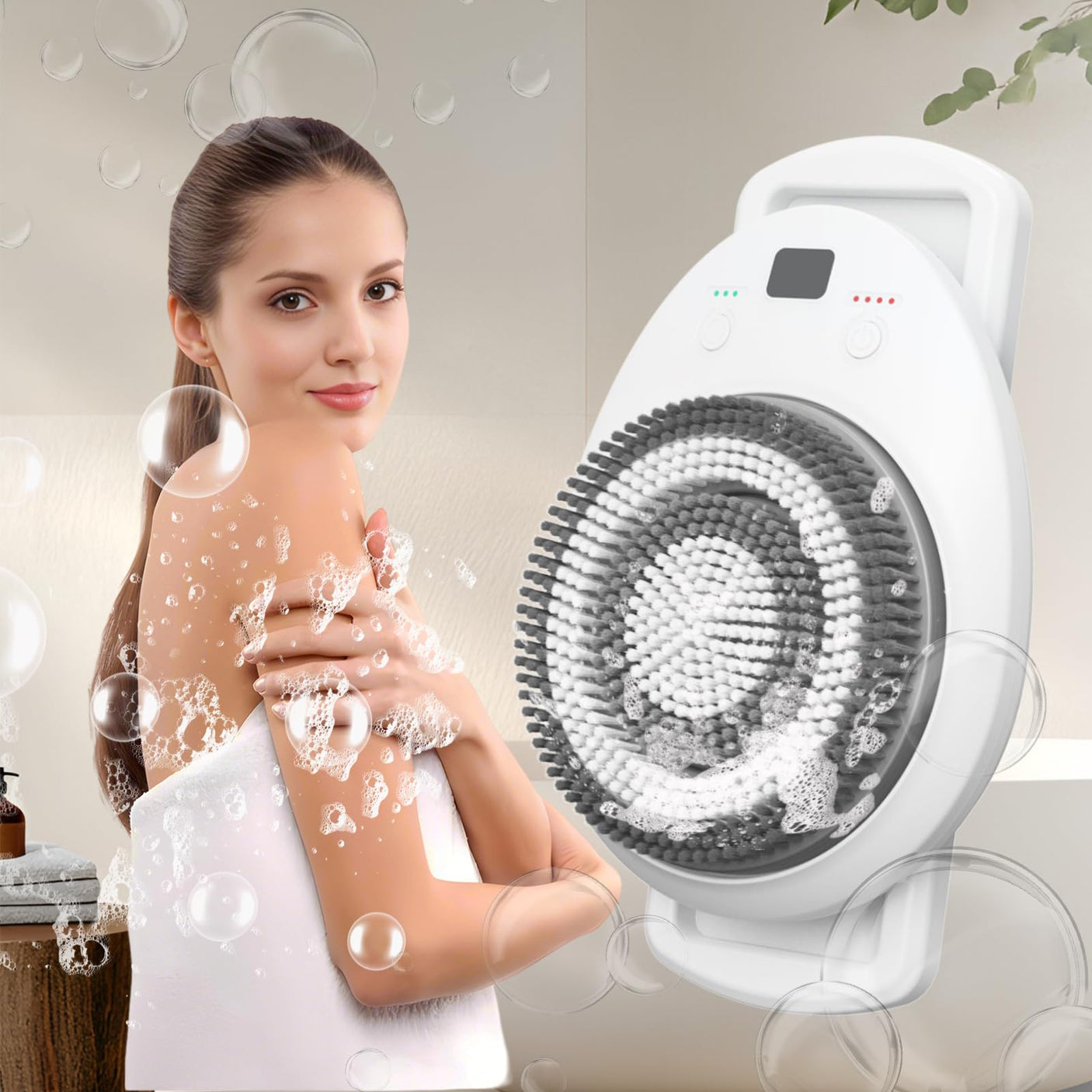 Electric Back Scrubber for Shower, Wall Mounted Electric Shower Back Scrubber, Dry Brushing Body Brush for Bathing, Cleansing, Exfoliating and Massaing, with 3 Spin Skin Bath Brush Heads