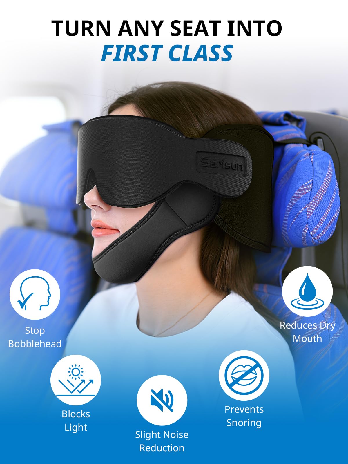 Airplane Pillow Combo with Chin Strap, Travel Pillows for Airplanes with Sleep Eye Mask, Plane Pillow for Long Flights, Car Road Trip, 360° Headrest, Stop Bobblehead, Black