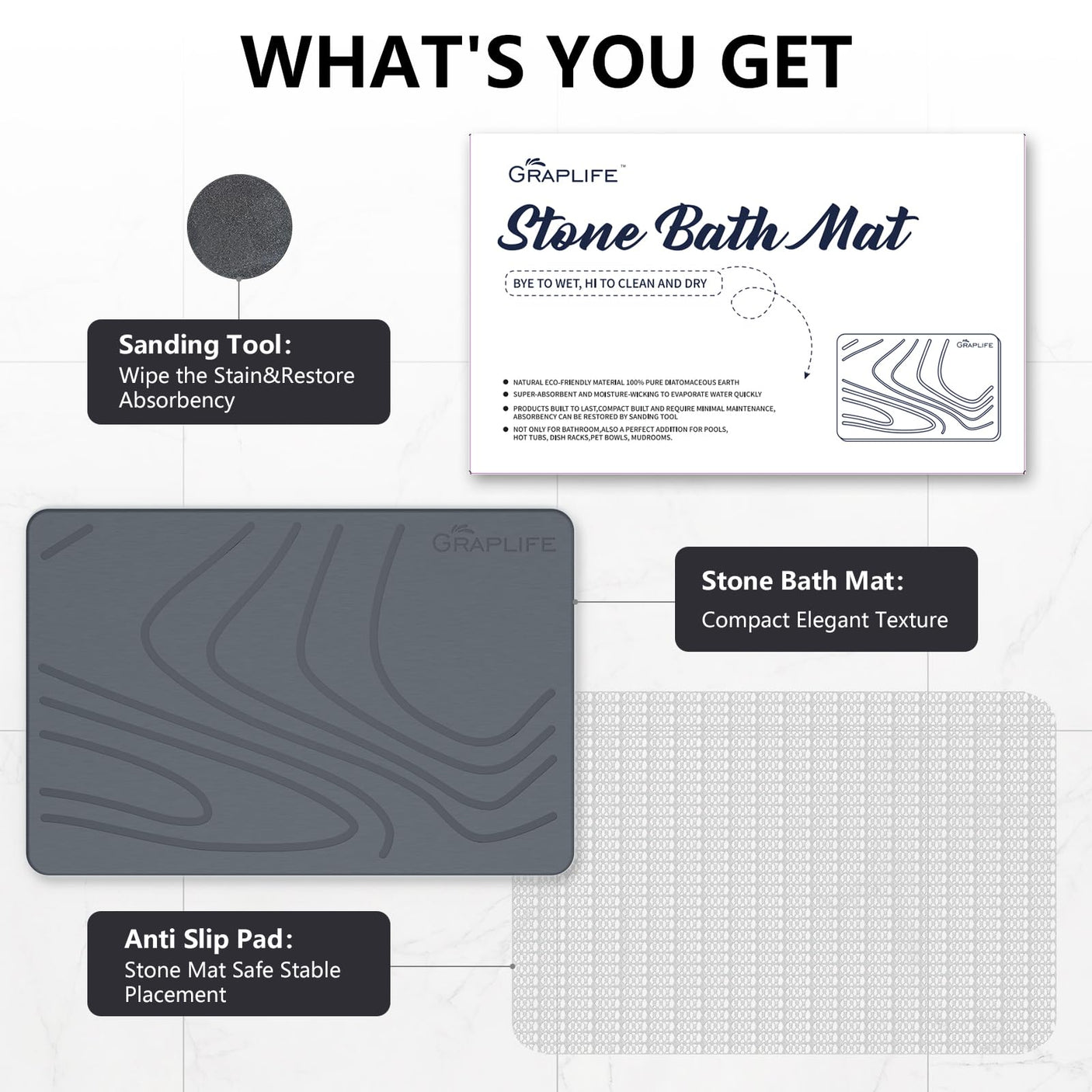 Stone Bath Mat, Diatomaceous Earth Shower Mat, Non-Slip Super Absorbent Quick Drying Bathroom Floor Mat, Natural, Easy to Clean (23.6 x 15.35 Darkgrey)
