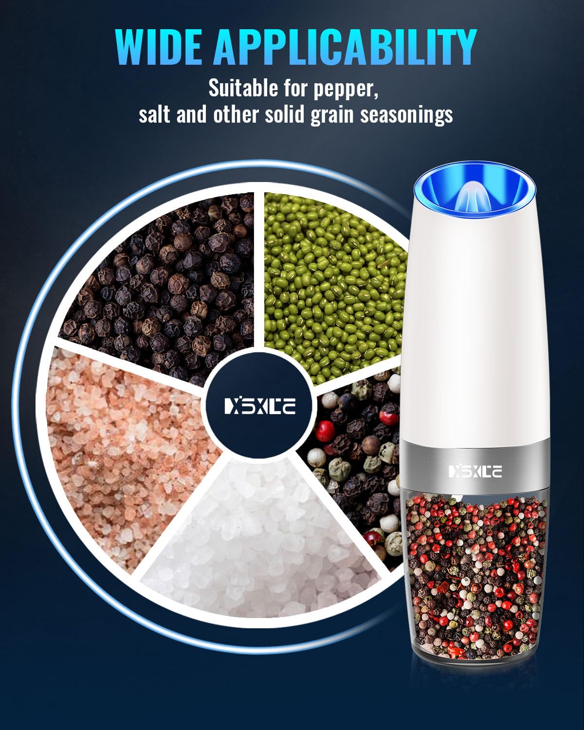 Gravity Electric Pepper and Salt Grinder Set, Salt and Pepper Mill & Adjustable Coarseness, Battery Powered with LED Light, One Hand Automatic Operation, Stainless Steel (Set/Silver)