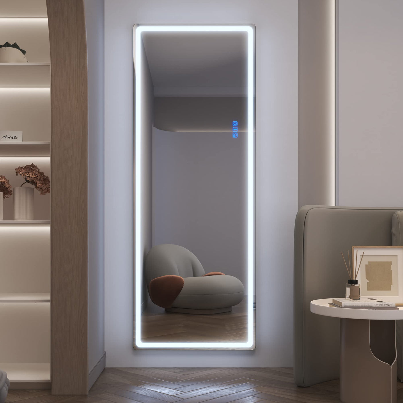 LVSOMT LED RGB Full Length Mirror, Full Body Mirror with Lights, Wall Mounted Lighted Mirror, Over The Door Hanging Mirror, 14 LED Light + Dimmable Brightness + Adjustable Speed, 47" x 16"
