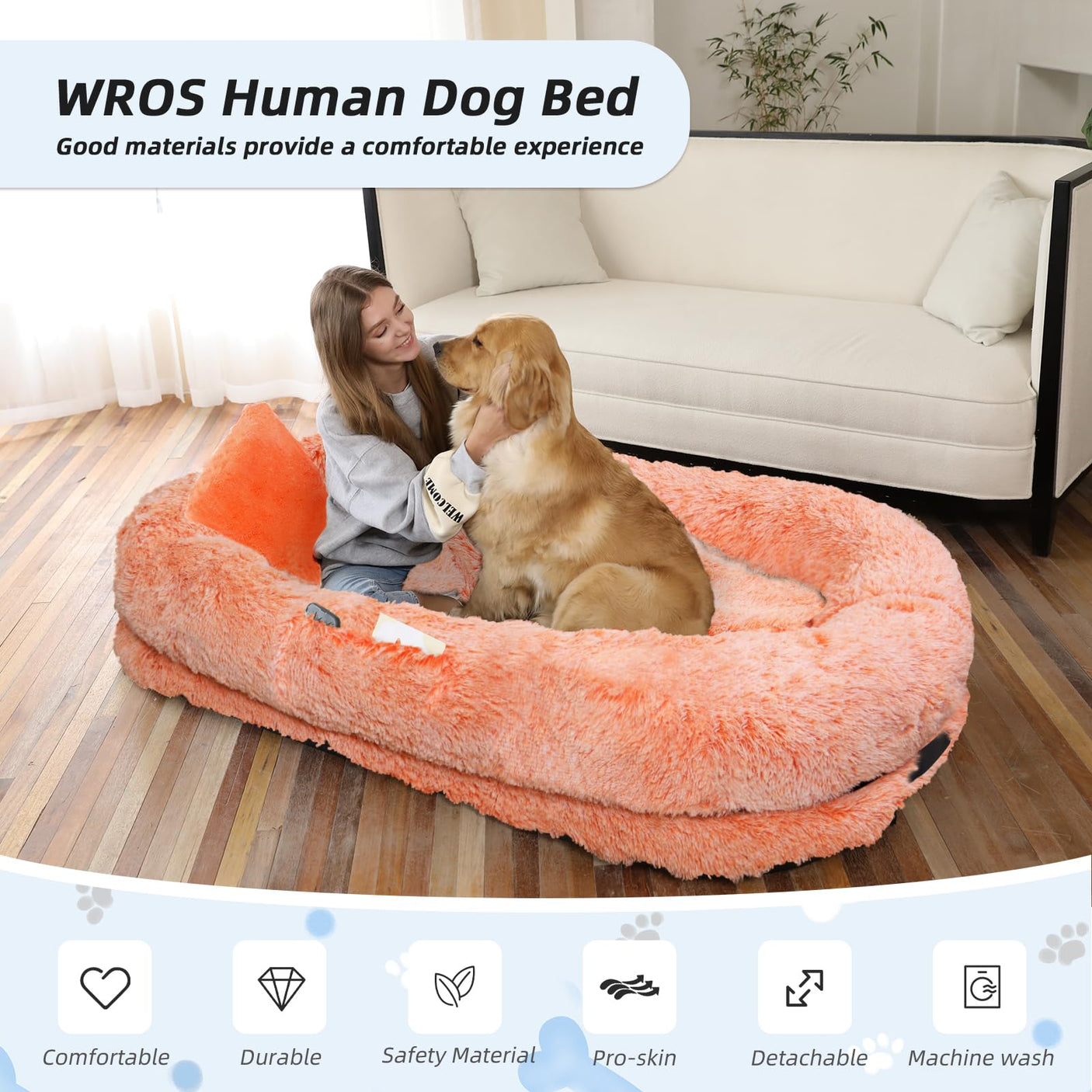 Human Dog Bed, Large Dog Beds for Humans Size Fits You and Pets, Washable Faux Fur Orthopedic Human Pet Bed for People Doze Off, Napping, Present Pillow, Blanket, Strap - Khaki