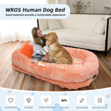 Human Dog Bed, Large Dog Beds for Humans Size Fits You and Pets, Washable Faux Fur Orthopedic Human Pet Bed for People Doze Off, Napping, Present Pillow, Blanket, Strap - Khaki