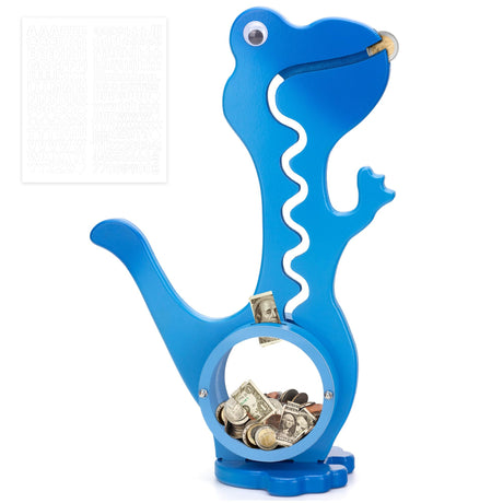 Wooden Dinosaur Piggy Bank Boalord for Boys Kids Girls Clear Big Belly Animal Coin Bank for Toddler Real Money Toy（Dino-Blue）