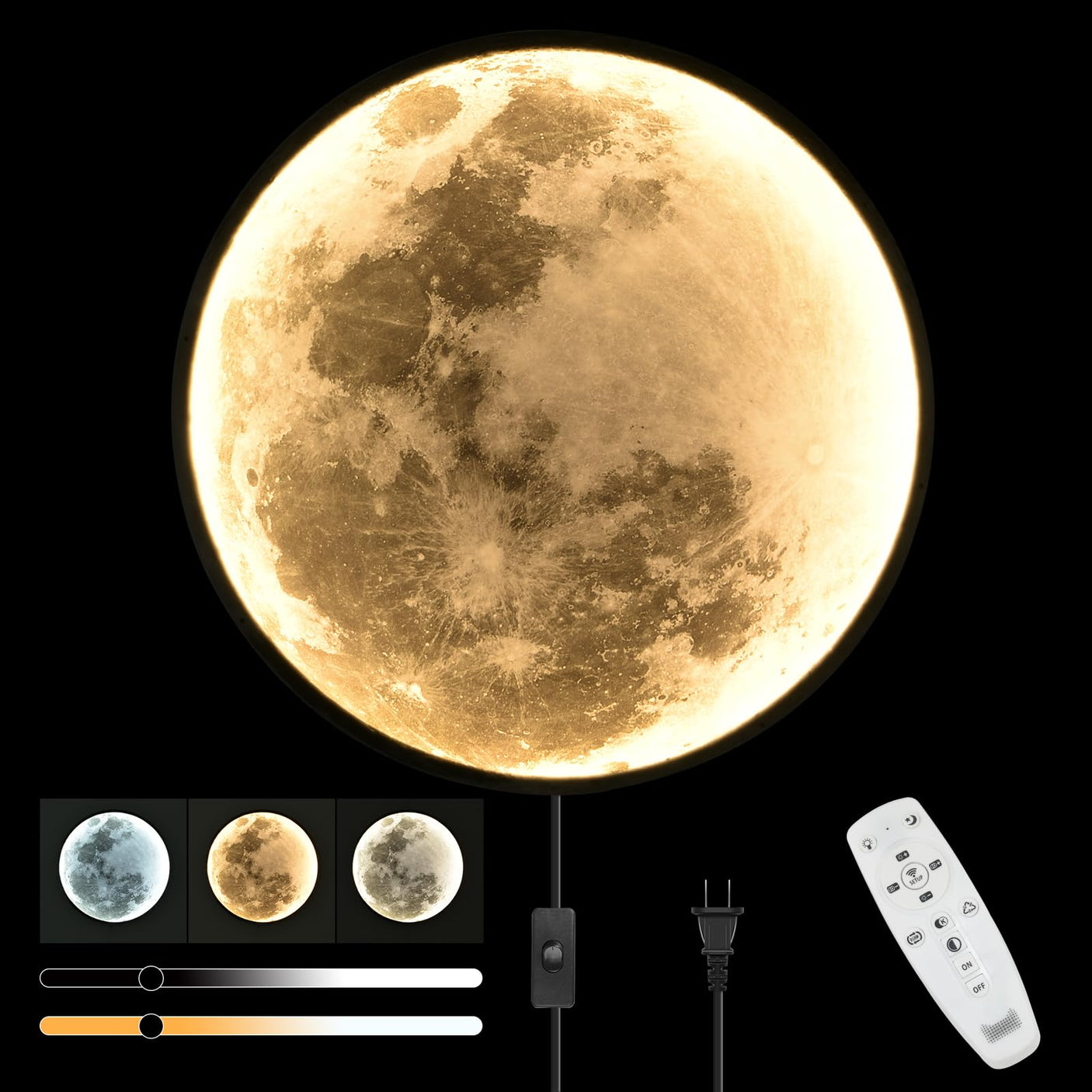 QIYIMEILUX Dimmable Moon Wall Sconce Plug in Modern LED Wall Light with Remote Control 19.7 inch 24W Black Wall Lamp Indoor Wall Mounted Lighting Ceiling Light for Living Room Bedroom（Moon）