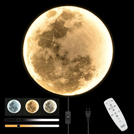 QIYIMEILUX Dimmable Moon Wall Sconce Plug in Modern LED Wall Light with Remote Control 19.7 inch 24W Black Wall Lamp Indoor Wall Mounted Lighting Ceiling Light for Living Room Bedroom（Moon）