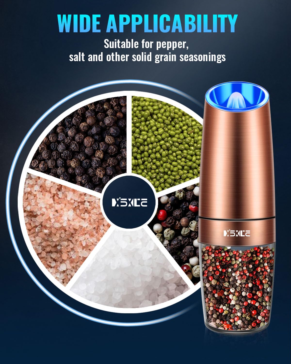 Gravity Electric Pepper and Salt Grinder Set, Salt and Pepper Mill & Adjustable Coarseness, Battery Powered with LED Light, One Hand Automatic Operation, Stainless Steel (Set/Silver)