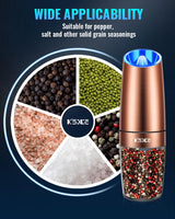 Gravity Electric Pepper and Salt Grinder Set, Salt and Pepper Mill & Adjustable Coarseness, Battery Powered with LED Light, One Hand Automatic Operation, Stainless Steel (Set/Silver)