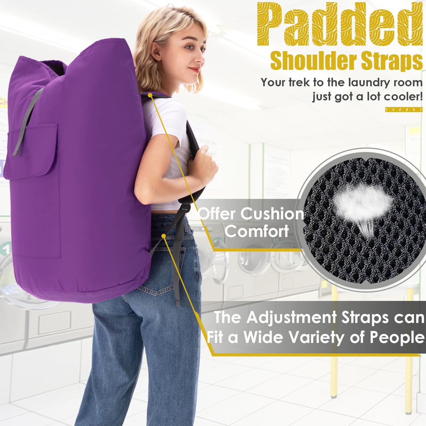 Laundry Bag Backpack Extra Large, 115L Laundry Backpack with Padded Shoulder Strap, Sturdy Travel Laundry Bags, Hanging Laundry Bag for College Dorm, Apartment, Clothes Hamper Bag for Laundromat