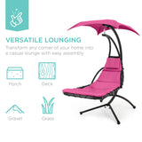 Best Choice Products Outdoor Hanging Curved Steel Chaise Lounge Chair Swing w/Built-in Pillow and Removable Canopy -Red