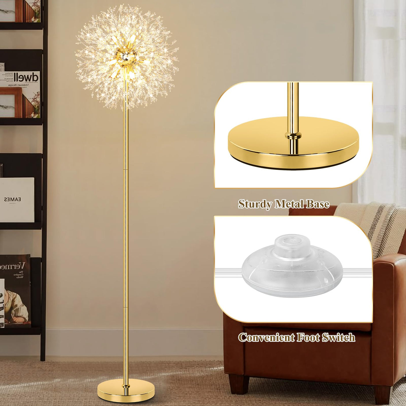 BesLowe 69'' Crystal Floor Lamp for Living Room, Modern Standing Lamp with 738PCS K9 Crystals, Tall Lamp Pole Light for Bedroom Office, Mid Century Gold Floor Lighting with 9 LED Bulbs, Antique Brass