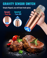 Gravity Electric Pepper and Salt Grinder Set, Salt and Pepper Mill & Adjustable Coarseness, Battery Powered with LED Light, One Hand Automatic Operation, Stainless Steel (Set/Silver)