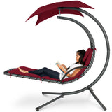 Best Choice Products Outdoor Hanging Curved Steel Chaise Lounge Chair Swing w/Built-in Pillow and Removable Canopy -Red