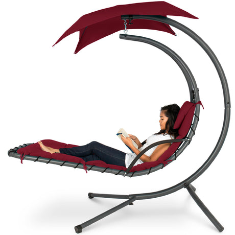 Best Choice Products Outdoor Hanging Curved Steel Chaise Lounge Chair Swing w/Built-in Pillow and Removable Canopy -Red