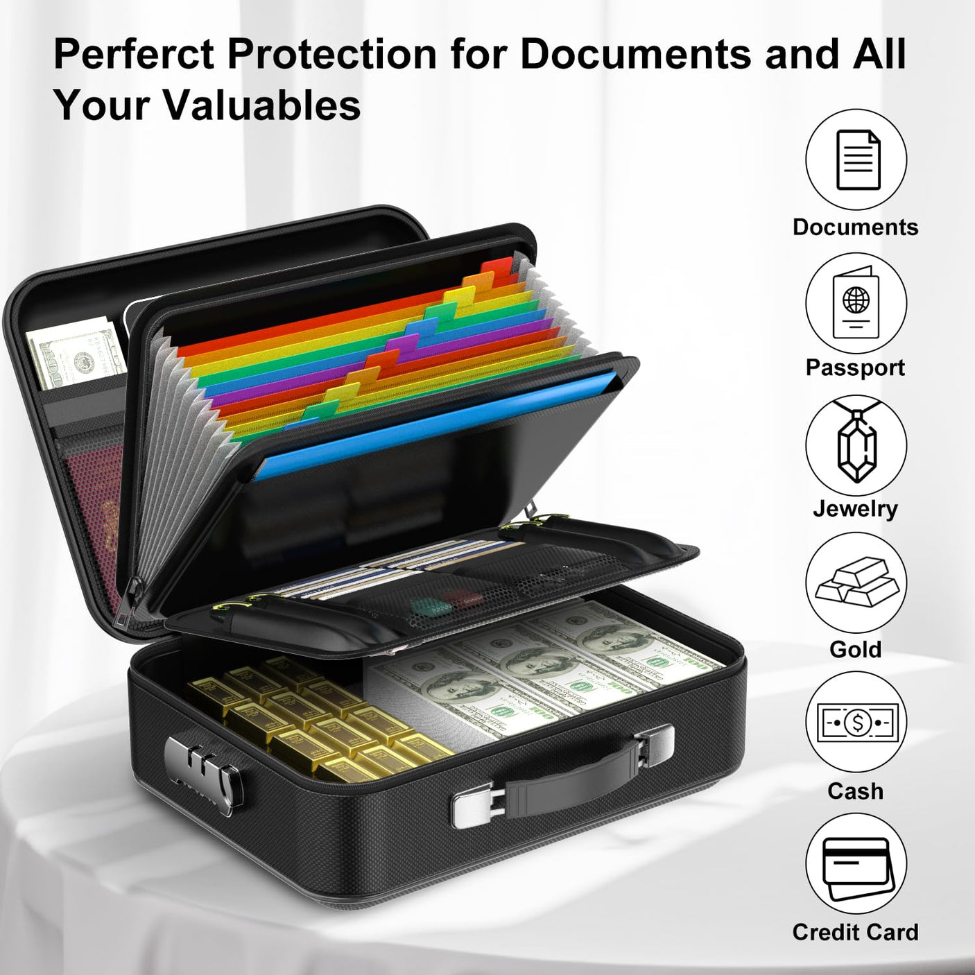 Fireproof Document Box, Hard Case Fireproof File Organizer with Lock Hard-Shell Design Fireproof Water Resistant Safe Box for Important Documents Certificates Laptop Passports Black
