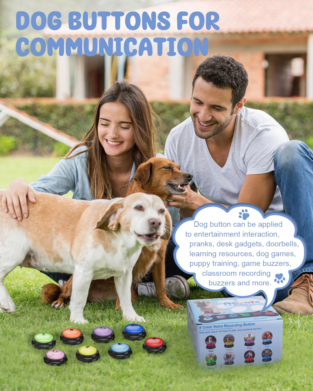 Dog Buttons for Communication, 8 Pcs Dog Talking Button Set, 30s Recordable Voice Pet Buzzer Training Buttons, Speaking Button for Dogs with Waterproof Anti-Slip Dog Button Mat and 48 Scene Stickers