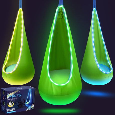 Light Up Kids Pod Swing Seat, Upgraded Kids Hanging Hammock Swing with LED Lights, Cotton Sensory Pod Swing Chair with Inflatable Pillow, Pod Swing for Kids Indoor & Outdoor (1 PCS) (Blue)