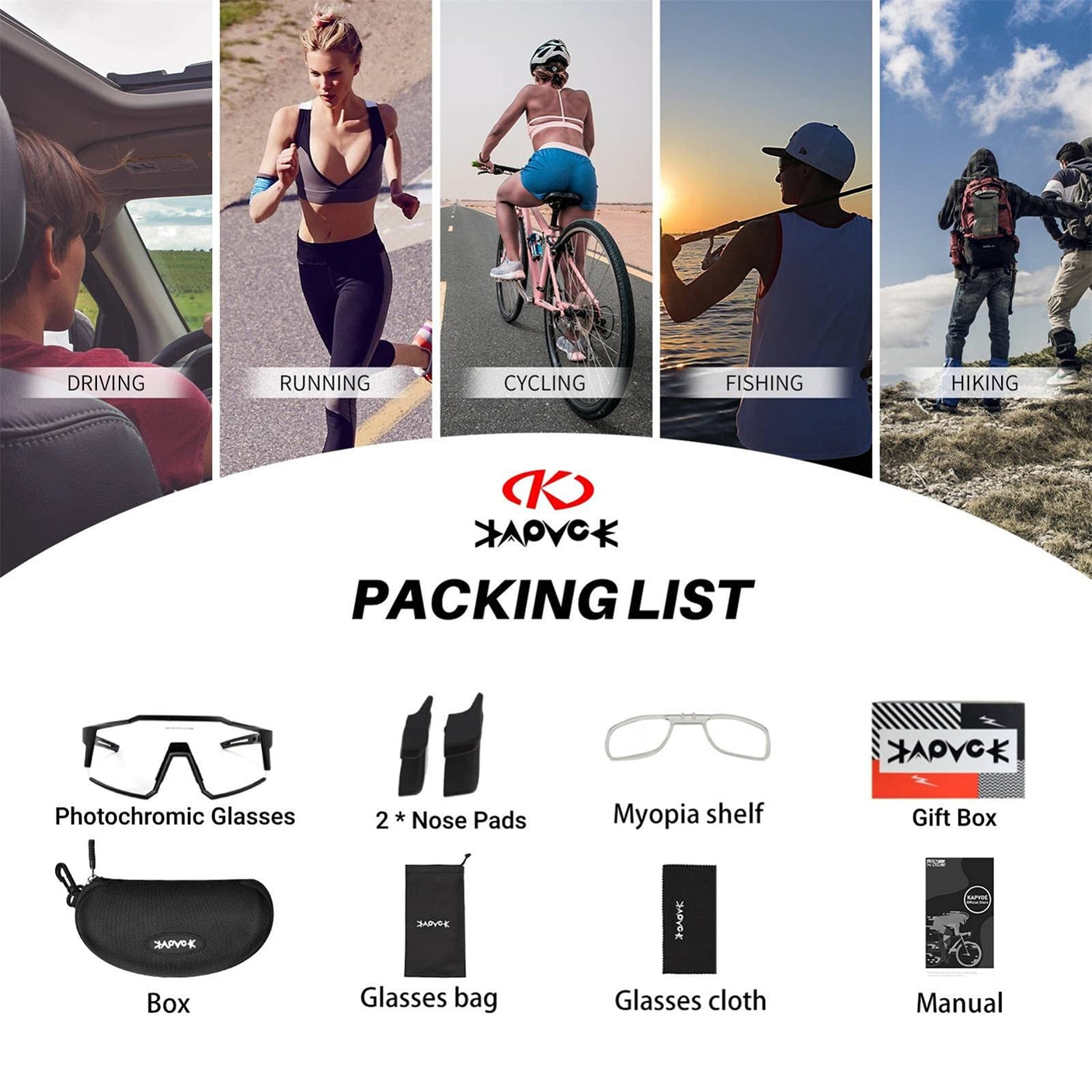KAPVOE Photochromic Cycling Glasses MTB Clear Mountain Bike Transition Bicycle Sunglasses for Men Women - K9022