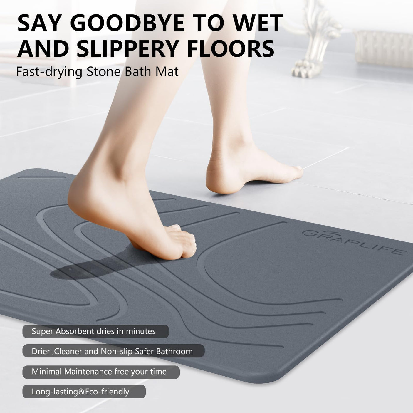 Stone Bath Mat, Diatomaceous Earth Shower Mat, Non-Slip Super Absorbent Quick Drying Bathroom Floor Mat, Natural, Easy to Clean (23.6 x 15.35 Darkgrey)