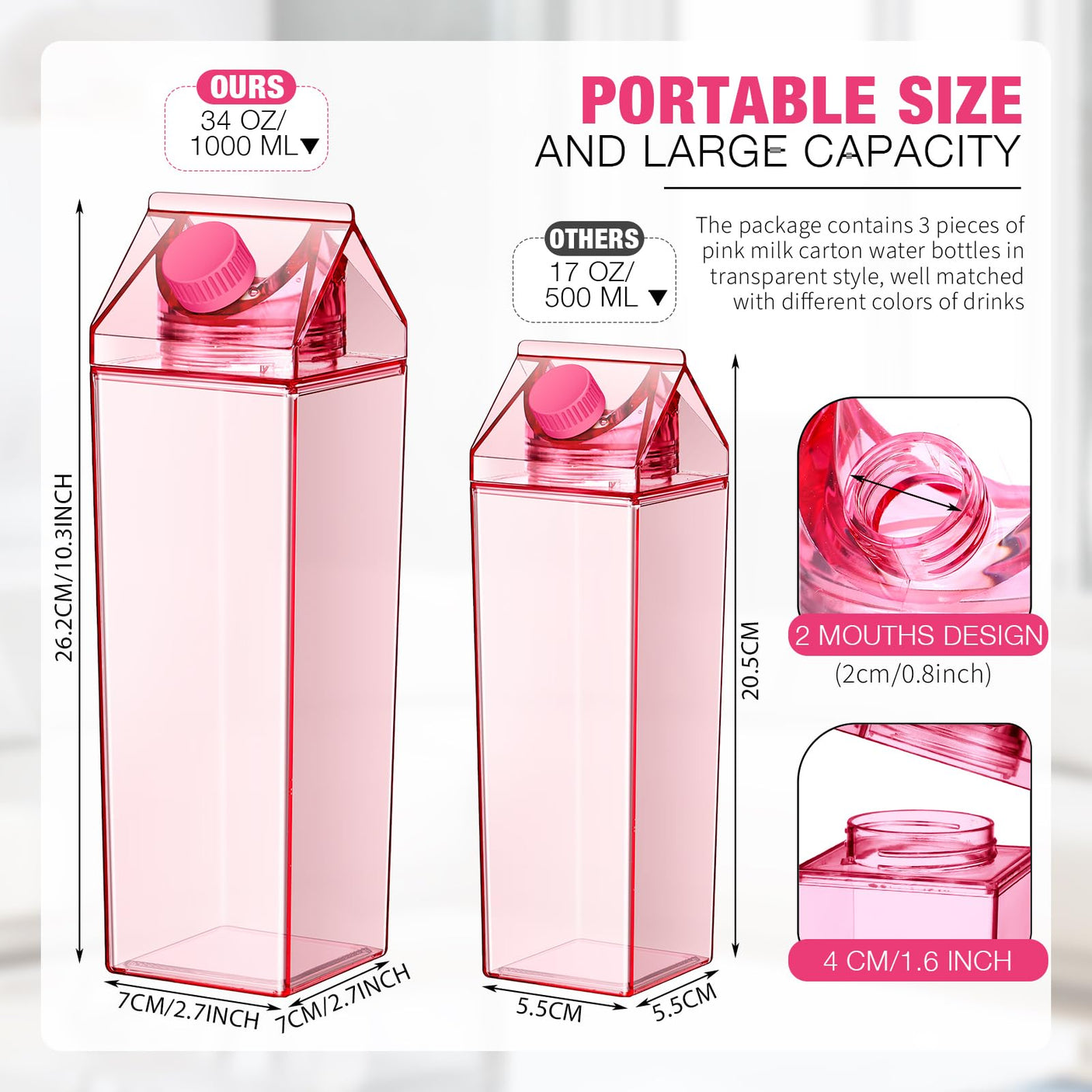 Remerry 3 Pcs Milk Carton Water Bottle Square Plastic Coffee Portable Reusable Milk Carton Cup Leakproof Juice Bottle