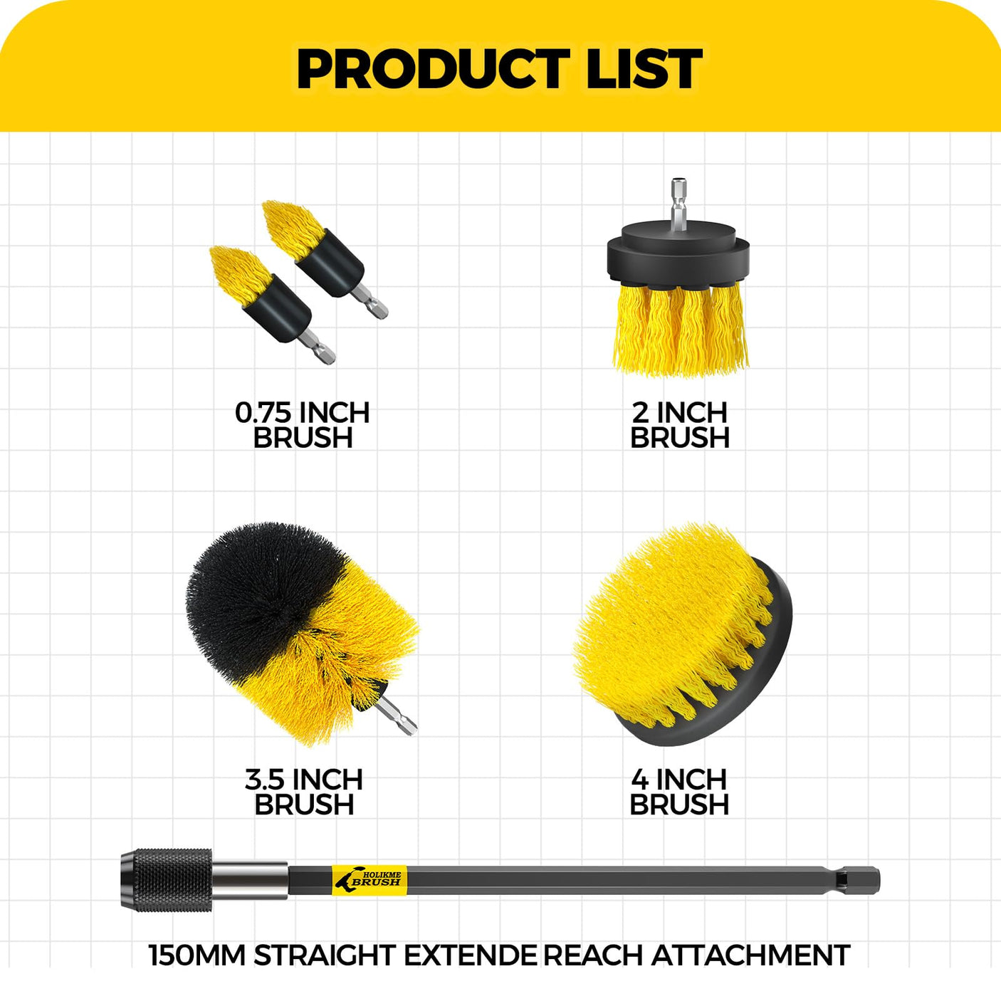 Holikme 6Pack Drill Brush Power Scrubber Cleaning Brush Extended Long Attachment Set All Purpose Drill Scrub Brushes Kit for Grout, Floor, Tub, Bathroom and Kitchen Surface,Scratch Brushes（Yellow）